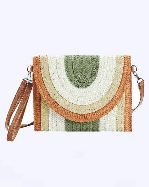 Artini Accessories Boho Straw clutch with green white and brown woven design and detachable strap