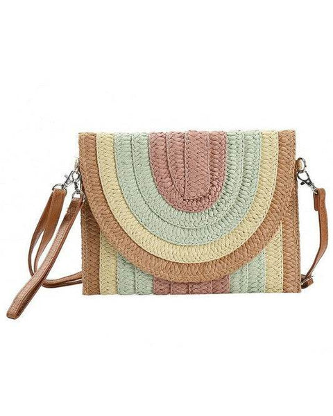 Artini Accessories Boho Straw clutch with multicolor braided design and detachable brown strap