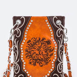 Babe Beachwear boho summer crossbody purse with brown and orange floral design and studded details