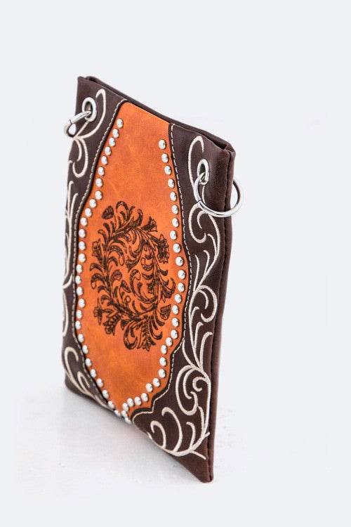Babe Beachwear boho summer crossbody purse with brown and orange embroidery and metal ring accents