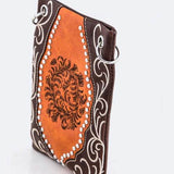 Babe Beachwear boho summer crossbody purse with brown and orange embroidery and metal ring accents