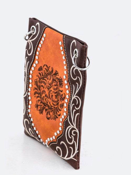 Babe Beachwear boho summer crossbody purse with brown and orange embroidery and metal ring accents