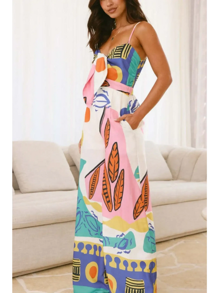 Trendsi colorful boho summer jumpsuit for women with abstract leaf and geometric print
