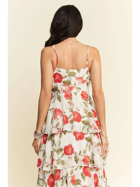 Trendsi boho tiered maxi dress with floral print and spaghetti straps shown from the back
