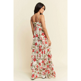 Trendsi boho tiered maxi dress with floral print and spaghetti straps on model