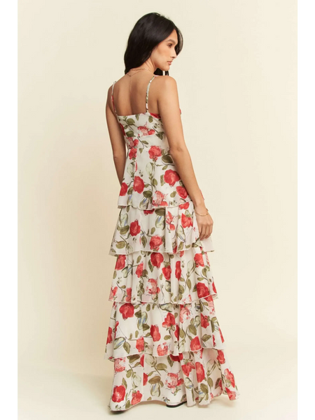 Trendsi boho tiered maxi dress with floral print and spaghetti straps on model