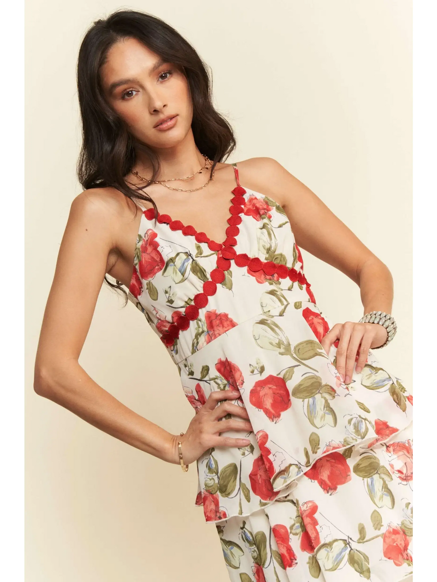 Trendsi boho tiered maxi dress with red floral print and scalloped red trim on white fabric