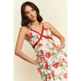 Trendsi boho tiered maxi dress with red floral print and scalloped red trim on white fabric