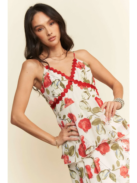 Trendsi boho tiered maxi dress with red floral print and scalloped red trim on white fabric