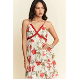 Trendsi boho tiered maxi dress with red floral print and scalloped trim on spaghetti straps