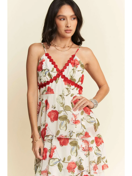 Trendsi boho tiered maxi dress with red floral print and scalloped trim on spaghetti straps