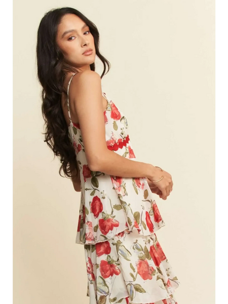 Trendsi boho tiered maxi dress with floral print and thin straps on a model