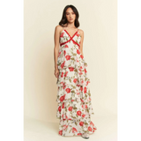 Trendsi boho tiered maxi dress with floral print and red trim on spaghetti straps