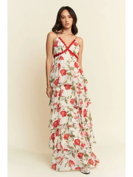 Trendsi boho tiered maxi dress with floral print and red trim on spaghetti straps