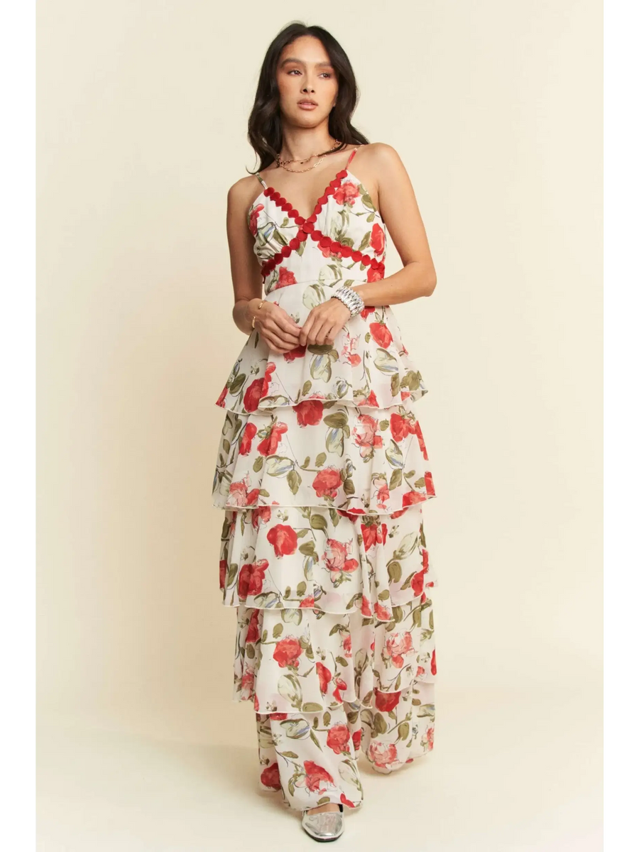 Trendsi boho tiered maxi dress with red floral print and spaghetti straps on a female model