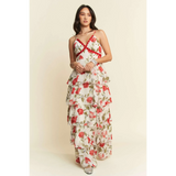 Trendsi boho tiered maxi dress with red floral print and spaghetti straps on a female model