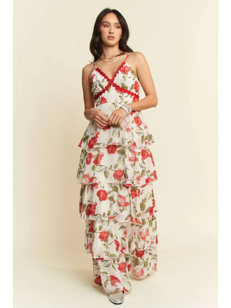 Trendsi boho tiered maxi dress with red floral print and spaghetti straps on a female model