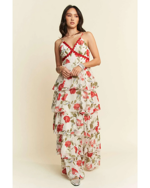 Trendsi boho tiered maxi dress with red floral print and spaghetti straps on a female model