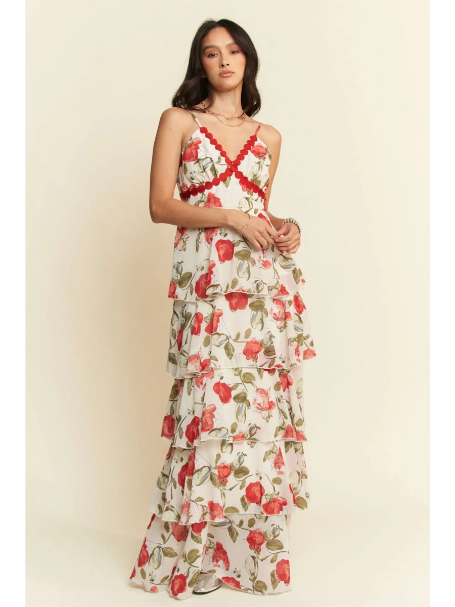 Trendsi boho tiered maxi dress with floral print and red trim on a model