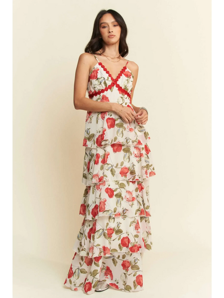 Trendsi boho tiered maxi dress with floral print and red trim on a model