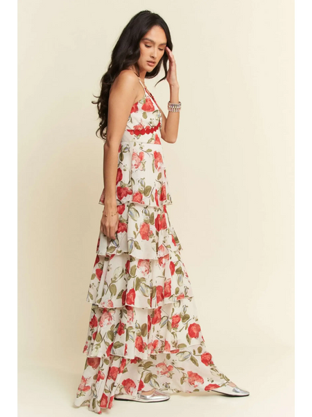 Trendsi boho tiered maxi dress with red floral print and spaghetti straps on model