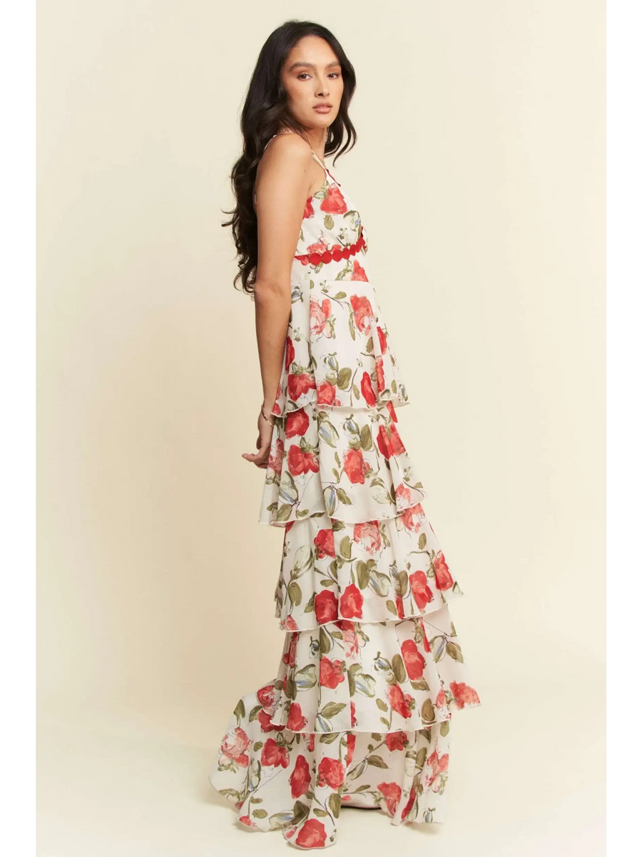 Trendsi boho tiered maxi dress with red floral print and layered ruffle design on a woman