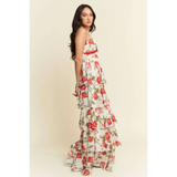 Trendsi boho tiered maxi dress with red floral print and layered ruffle design on a woman