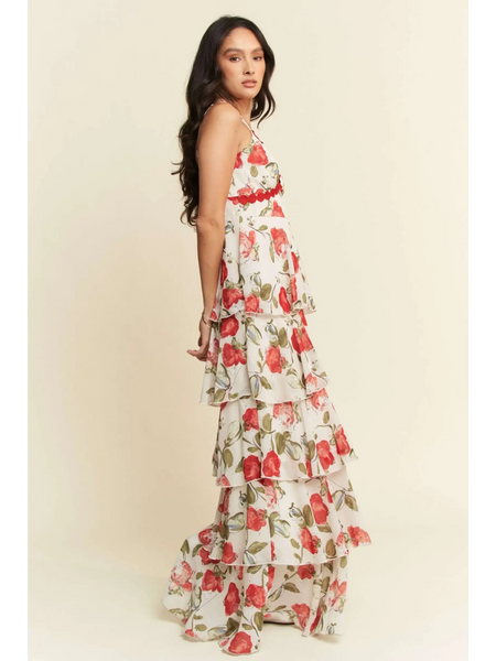 Trendsi boho tiered maxi dress with red floral print and layered ruffle design on a woman