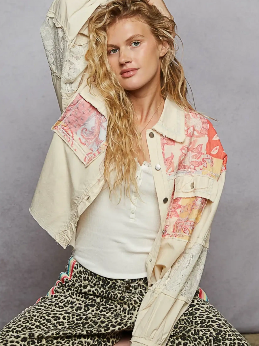 Babe Beachwear  boho vacation jacket with lace trim featuring patchwork design and relaxed fit