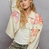 Babe Beachwear  boho vacation jacket with lace trim featuring patchwork design and relaxed fit