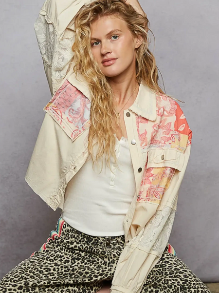 Babe Beachwear  boho vacation jacket with lace trim featuring patchwork design and relaxed fit