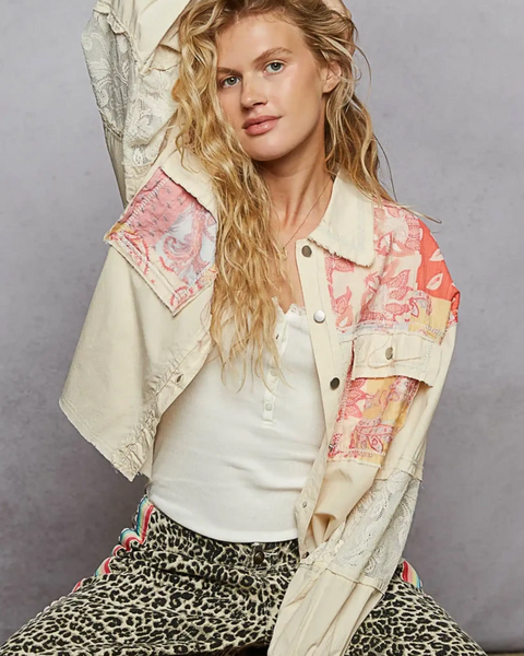 Babe Beachwear  boho vacation jacket with lace trim featuring patchwork design and relaxed fit