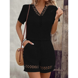 Babe Beachwaer black 2 piece top and shorts set with short sleeves and lace details