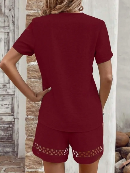Babe Beachwear 2 piece top and shorts set in burgundy with lace trim detail on shorts