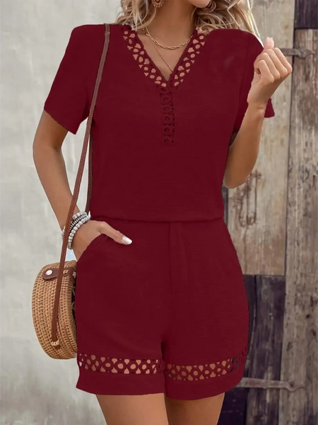 Babe Beachwear 2 piece top and shorts set in burgundy with lace details and short sleeves