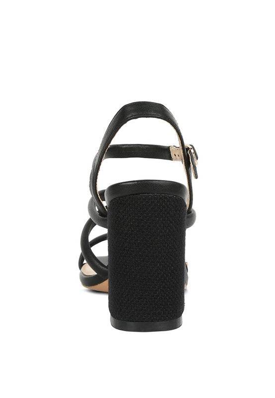 Babe Beachwear black block heel sandal shown from the back featuring straps and buckle closure
