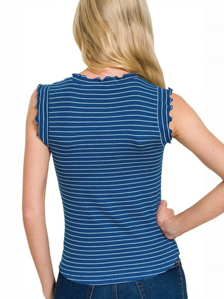 Trendsi blue and white striped fitted sleeveless top for beach with ruffled edges on sleeves and neckline