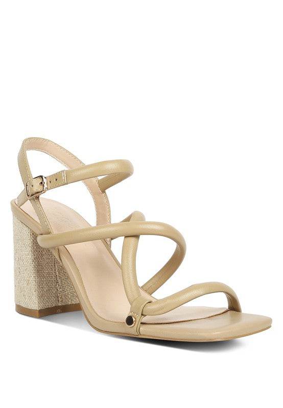 studio image Babe Beachwear nude block heel summer sandals with strappy design and adjustable ankle buckle