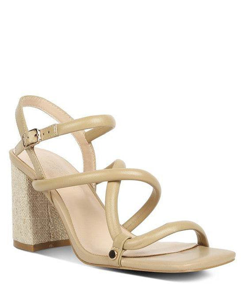 studio image Babe Beachwear nude block heel summer sandals with strappy design and adjustable ankle buckle