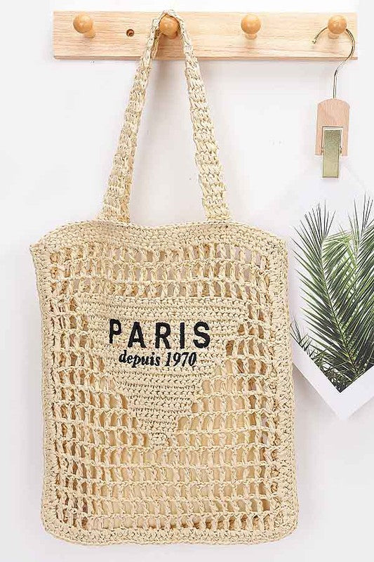 Paris Crochet Straw Summer Tote bag by Babe Beachwear with woven design and Paris text