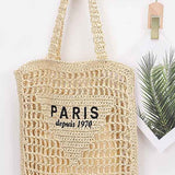 Paris Crochet Straw Summer Tote bag by Babe Beachwear with woven design and Paris text