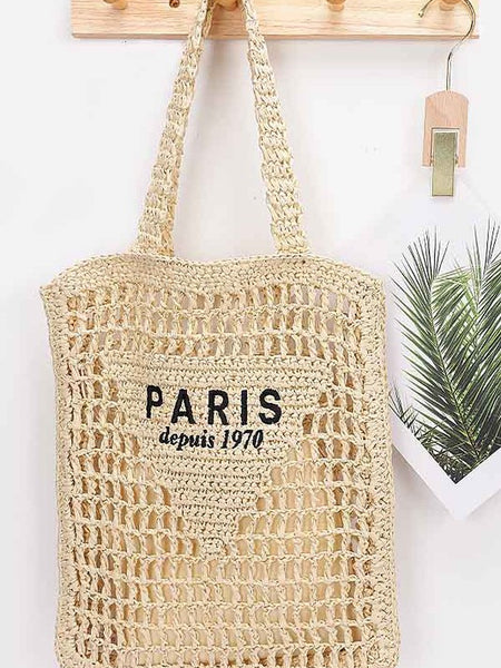 Paris Crochet Straw Summer Tote bag by Babe Beachwear with woven design and Paris text