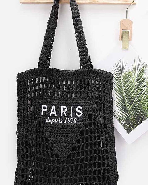 Black Paris Crochet Straw Summer Tote bag by Babe Beachwaer with open weave design and Paris logo