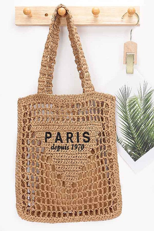Paris Crochet Straw Summer Tote bag by Babe Beachwear with woven design and Paris print