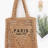Paris Crochet Straw Summer Tote bag by Babe Beachwear with woven design and Paris print