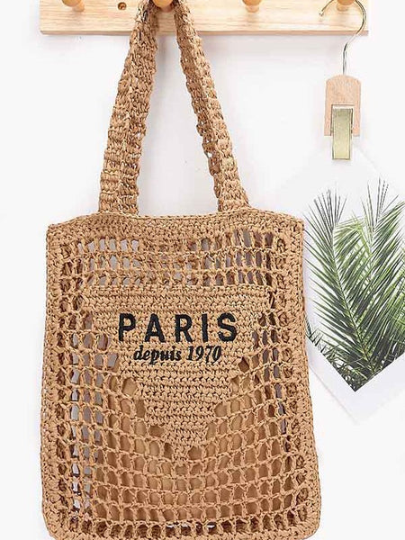 Paris Crochet Straw Summer Tote bag by Babe Beachwear with woven design and Paris print