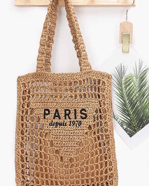 Paris Crochet Straw Summer Tote bag by Babe Beachwear with woven design and Paris print