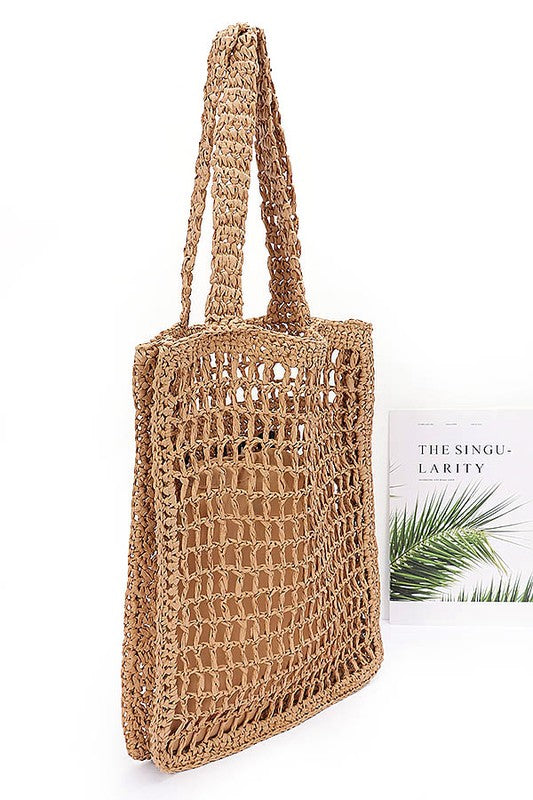 Paris Crochet Straw Summer Tote by Babe Beachwear natural woven beach bag with long handles