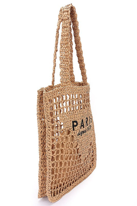 Paris Crochet Straw Summer Tote bag by Babe Beachwaer with open weave design and shoulder straps