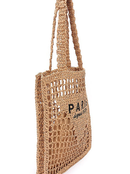 Paris Crochet Straw Summer Tote bag by Babe Beachwaer with open weave design and shoulder straps